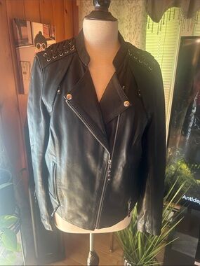 Black Leather Moto Jacket with Studded Shoulder Detail